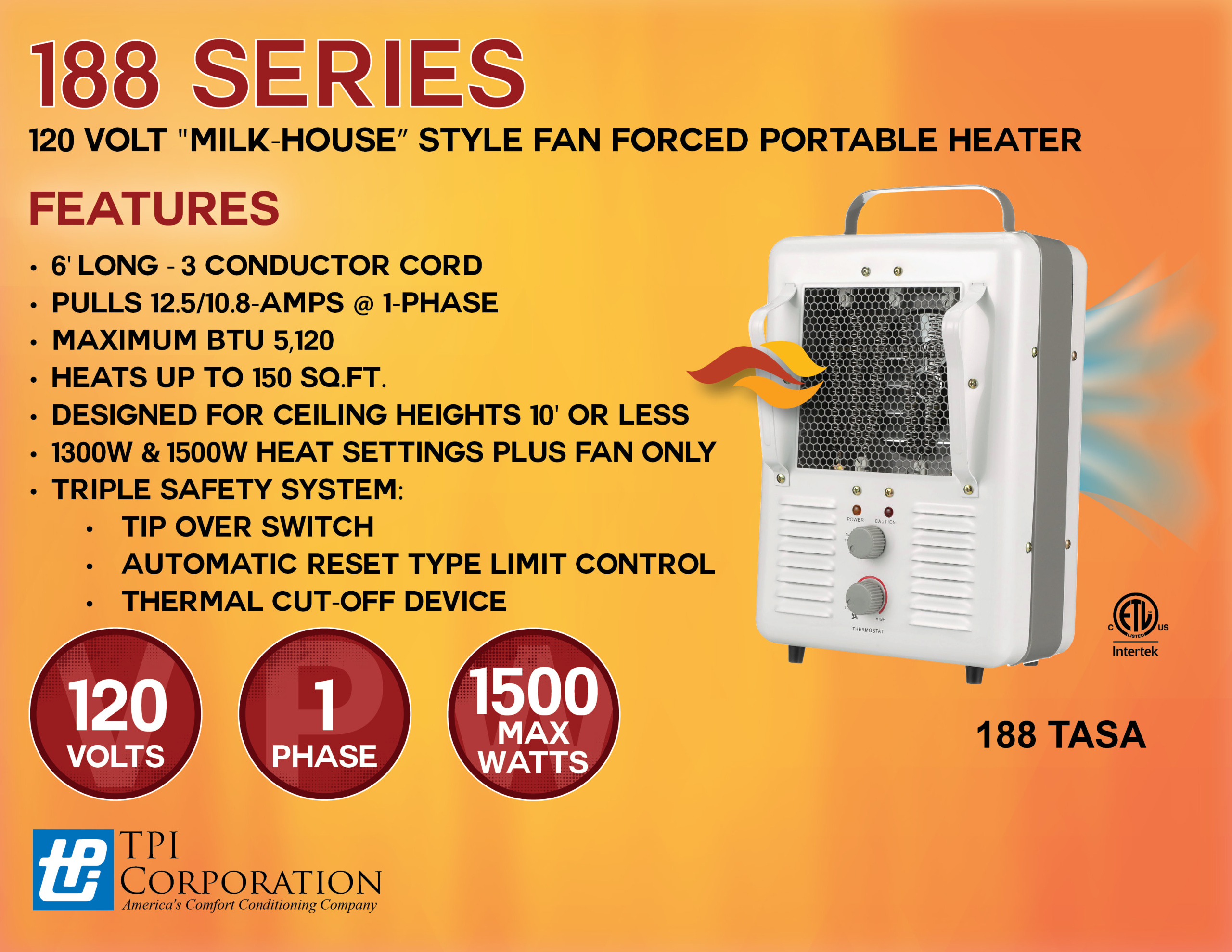 TPI 188TASA Fan Forced Portable Heater, Milk House Style Fan, 1500/1300W,  120V