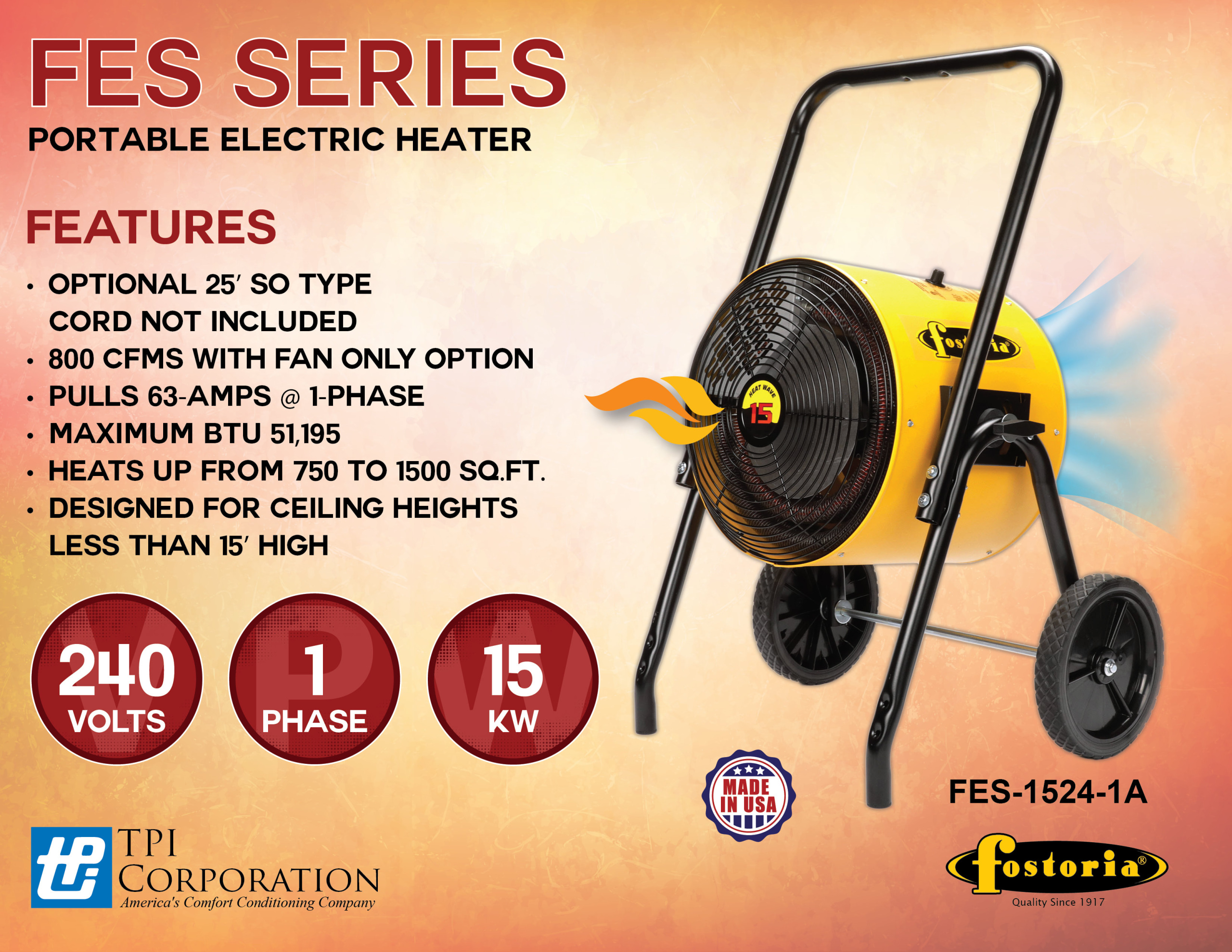 Fostoria FES-1524-1A 15kW 240V 1Ph Portable Electric Salamander Heater